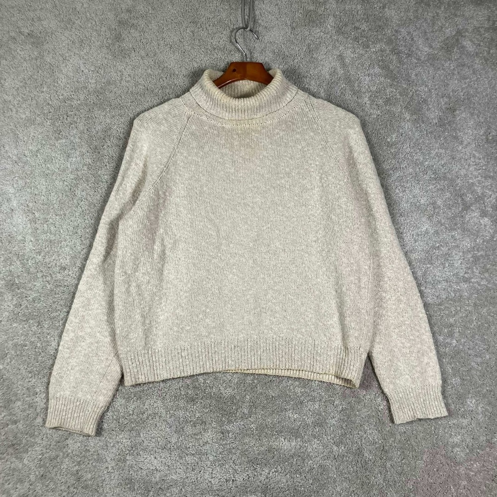 French Creek Sheep & Wool Co Sweater Women M Beige Cotton Linen Turtleneck Knit